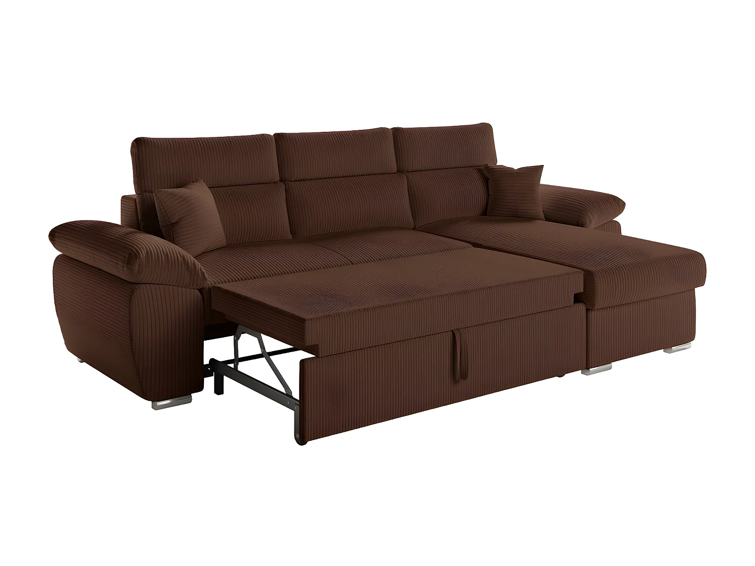 Canapé d'angle 4 places Komeco reversible convertible avec coffre en velours côtelé - Marron - L265 x P166 x H91cm - Loungitude