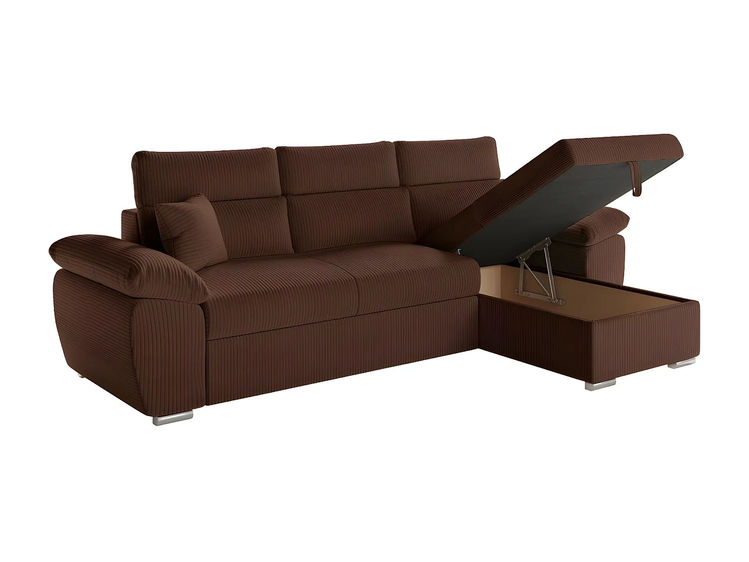 Canapé d'angle 4 places Komeco reversible convertible avec coffre en velours côtelé - Marron - L265 x P166 x H91cm - Loungitude
