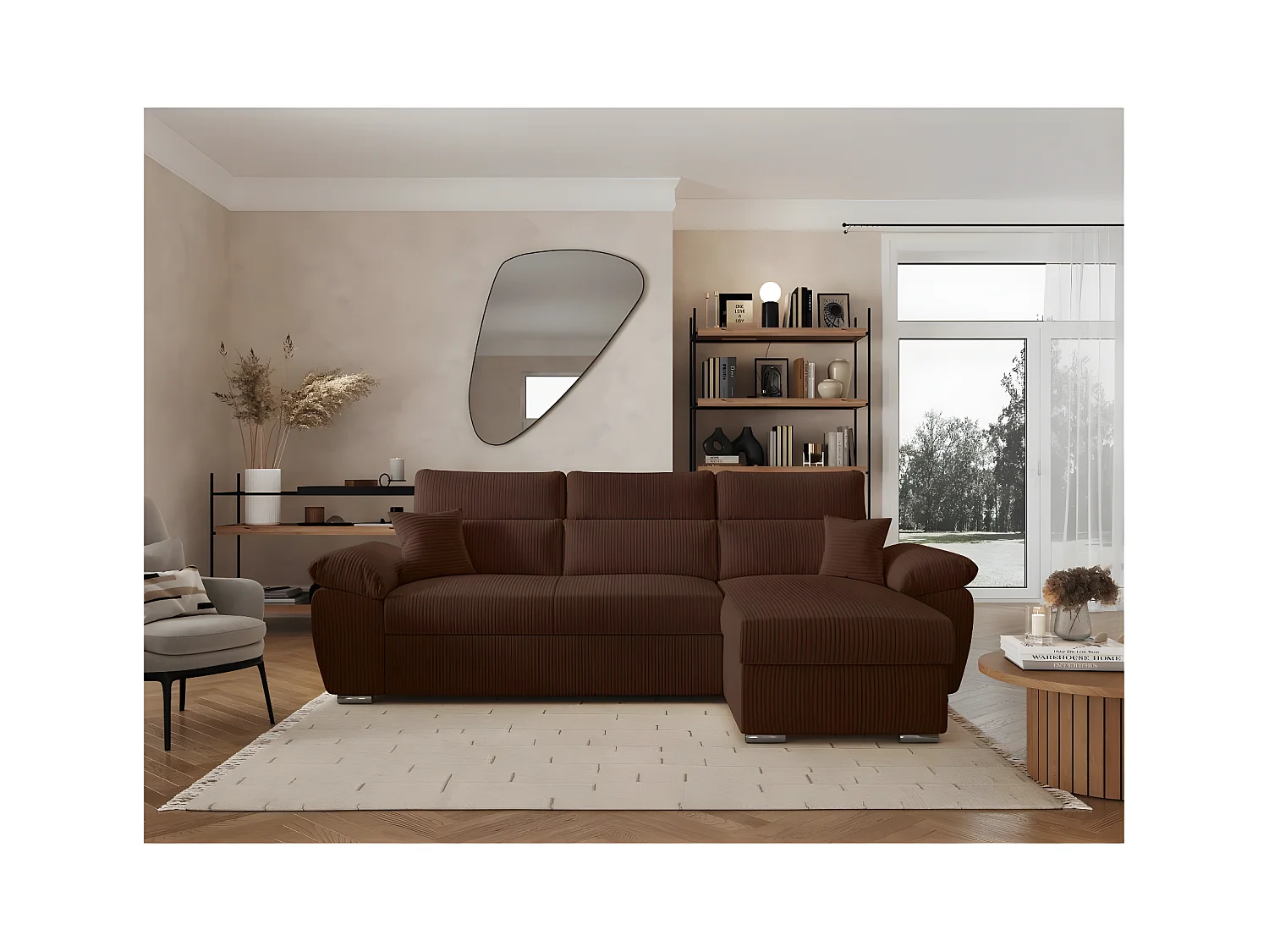 Canapé d'angle 4 places Komeco reversible convertible avec coffre en velours côtelé - Marron - L265 x P166 x H91cm - Loungitude