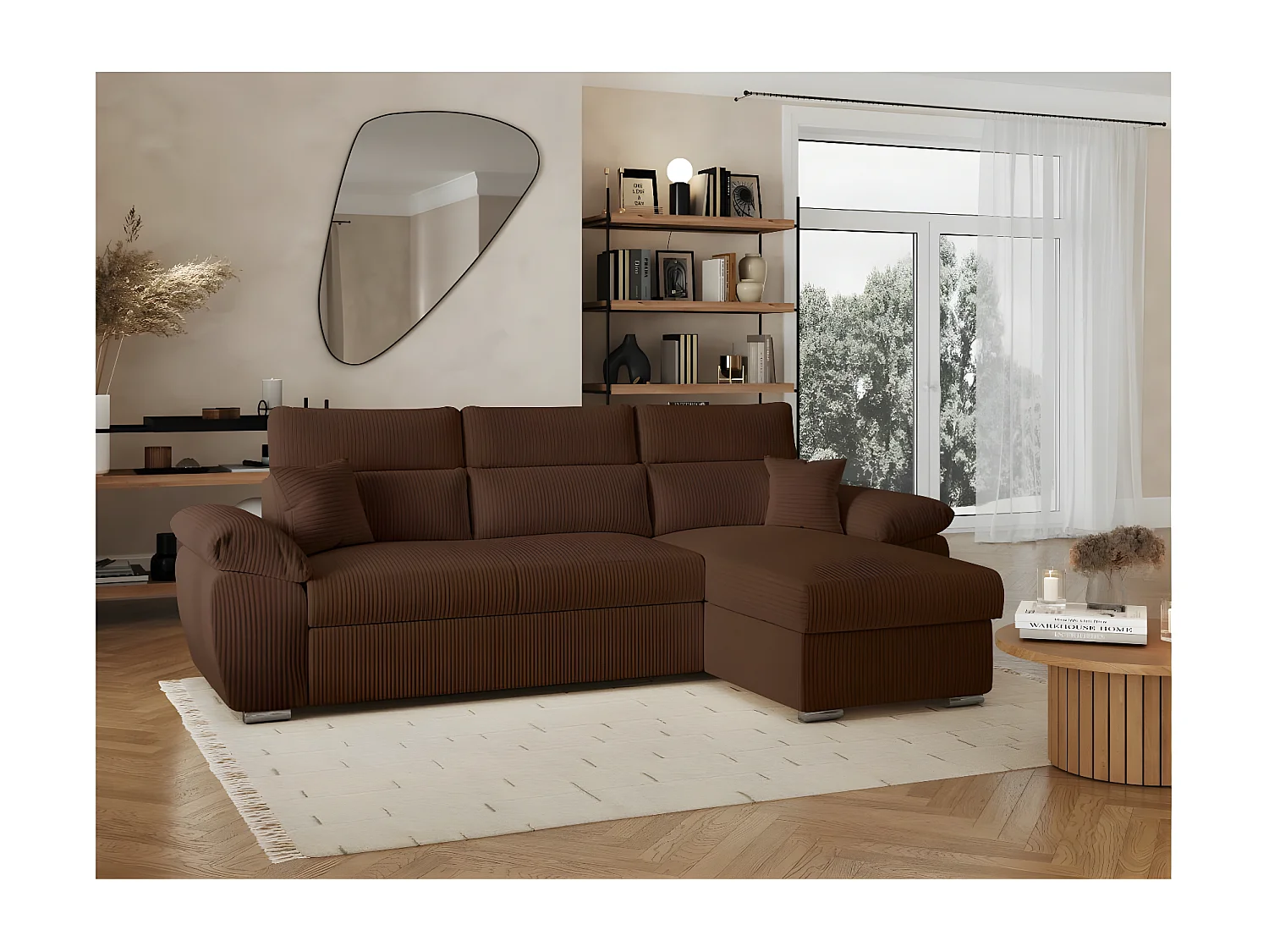 Canapé d'angle 4 places Komeco reversible convertible avec coffre en velours côtelé - Marron - L265 x P166 x H91cm - Loungitude