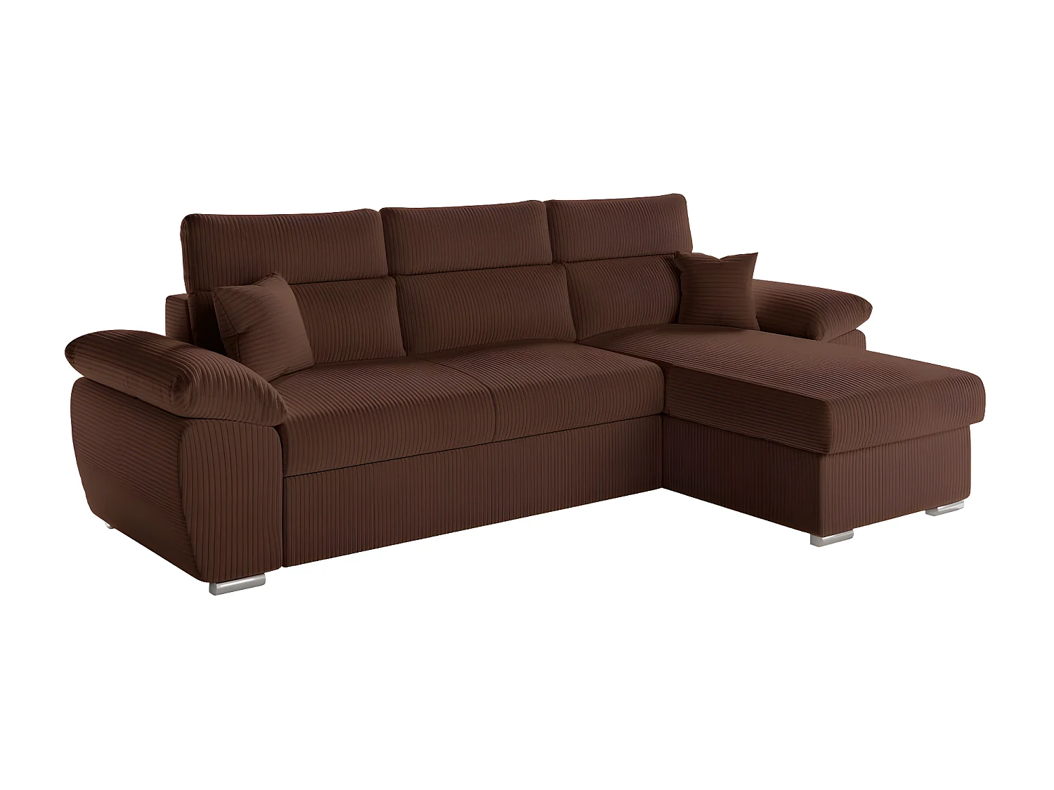 Canapé d'angle 4 places Komeco reversible convertible avec coffre en velours côtelé - Marron - L265 x P166 x H91cm - Loungitude