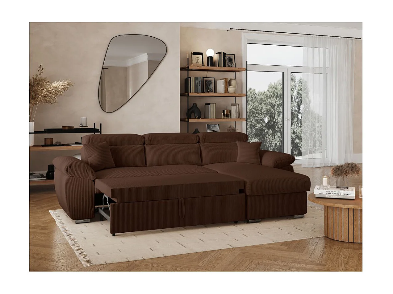 Canapé d'angle 4 places Komeco reversible convertible avec coffre en velours côtelé - Marron - L265 x P166 x H91cm - Loungitude