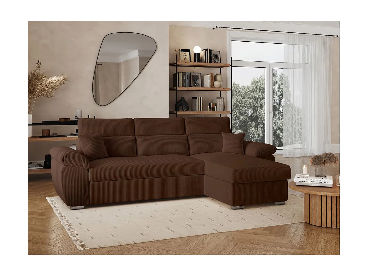 Canapé d'angle 4 places Komeco reversible convertible avec coffre en velours côtelé - Marron - L265 x P166 x H91cm - Loungitude