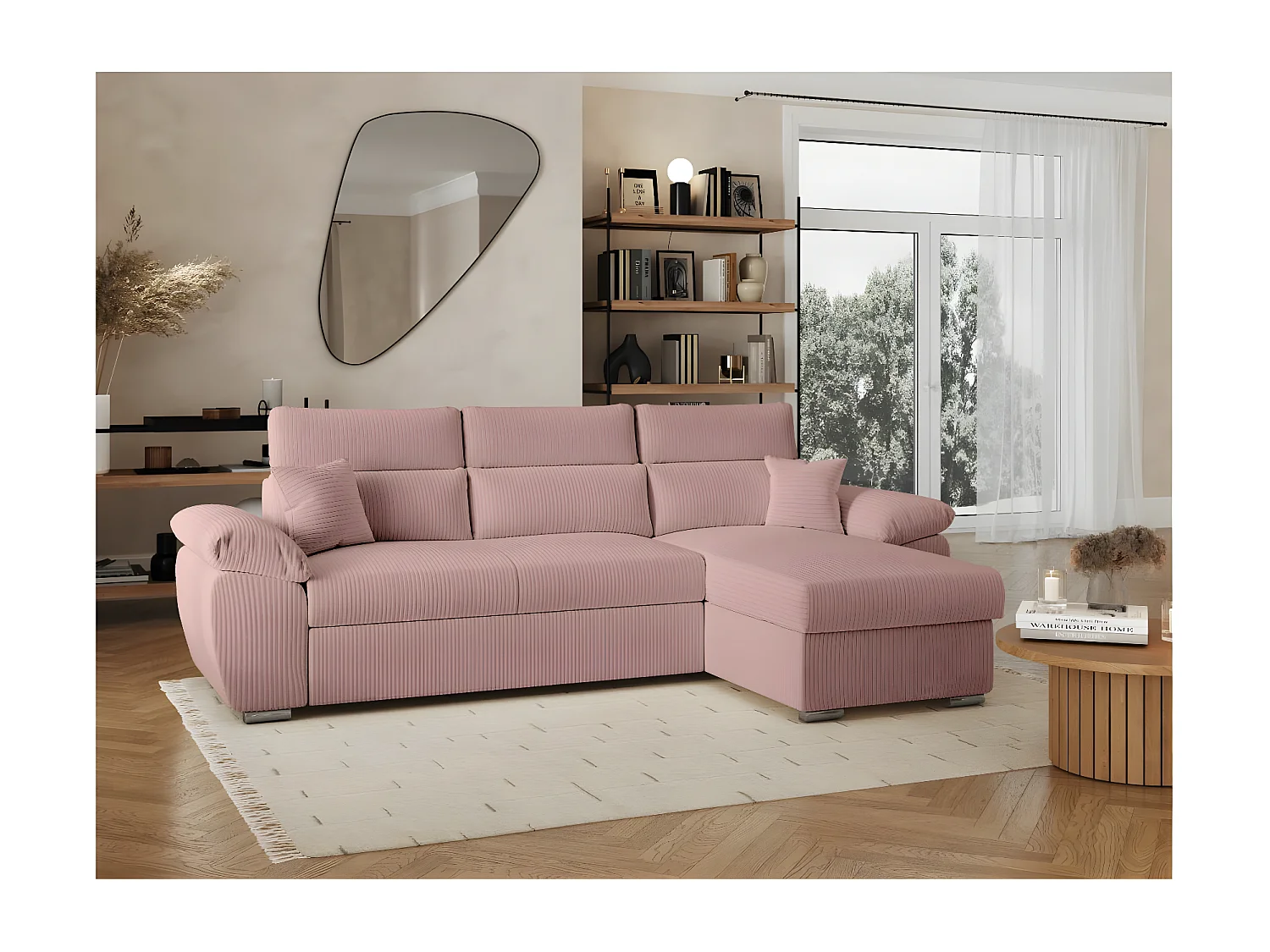 Canapé d'angle 4 places Komeco reversible convertible avec coffre en velours côtelé - Rose - L265 x P166 x H91cm - Loungitude