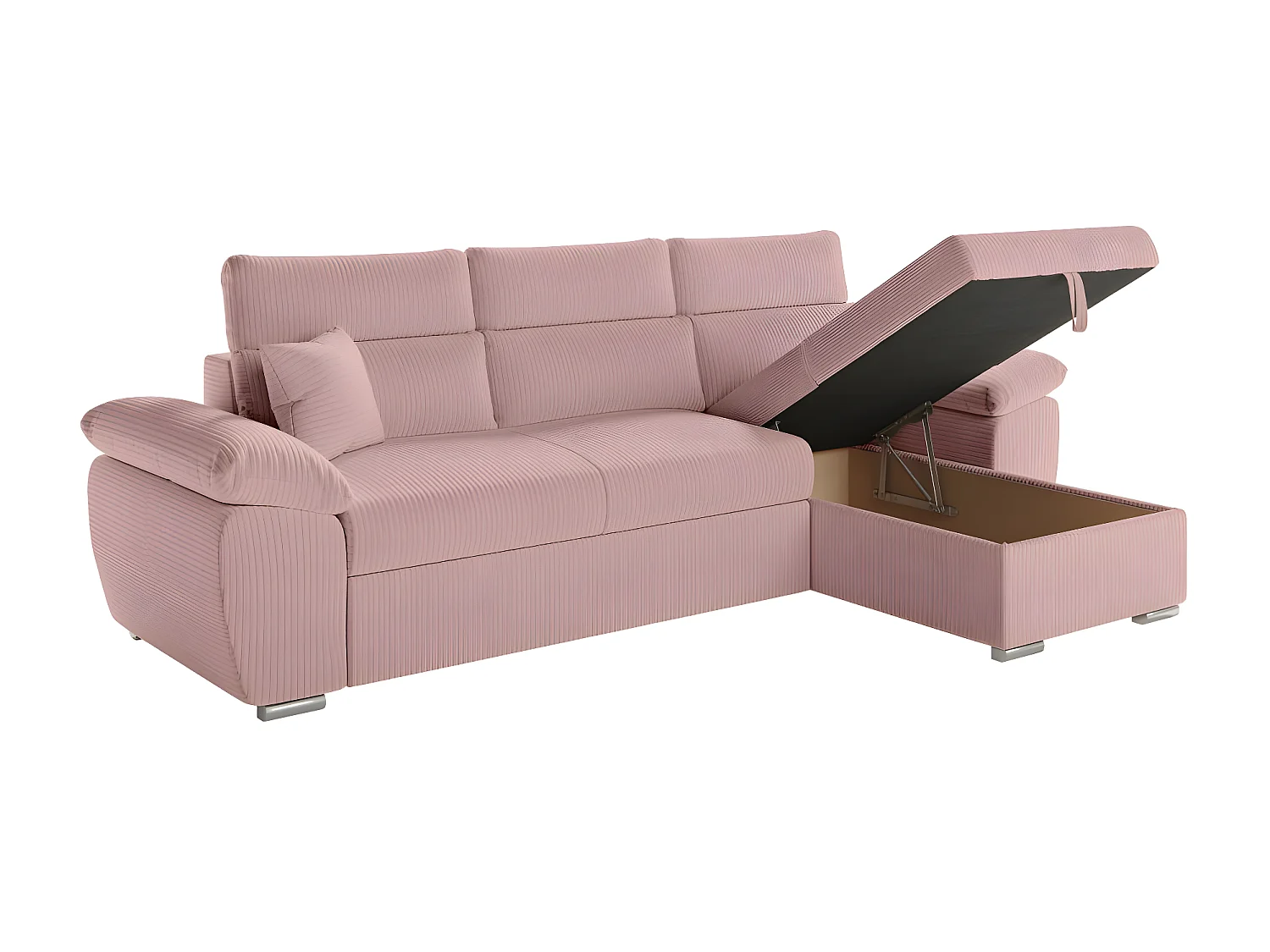 Canapé d'angle 4 places Komeco reversible convertible avec coffre en velours côtelé - Rose - L265 x P166 x H91cm - Loungitude