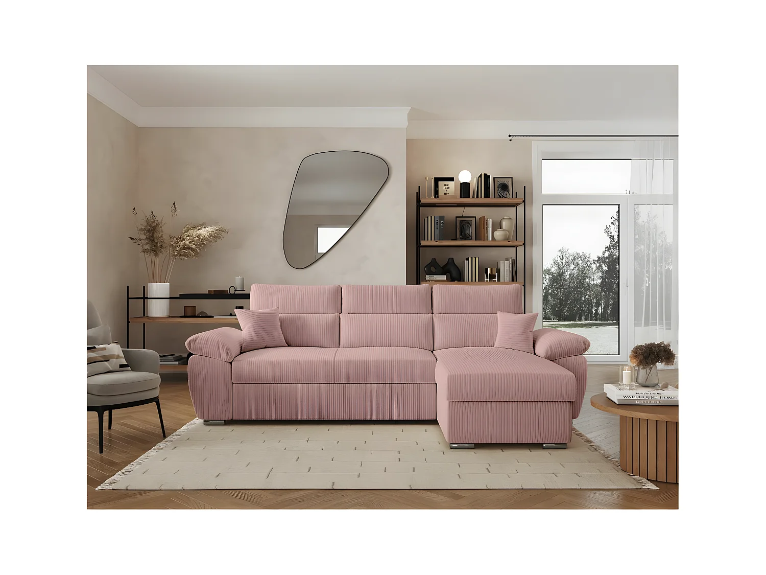 Canapé d'angle 4 places Komeco reversible convertible avec coffre en velours côtelé - Rose - L265 x P166 x H91cm - Loungitude
