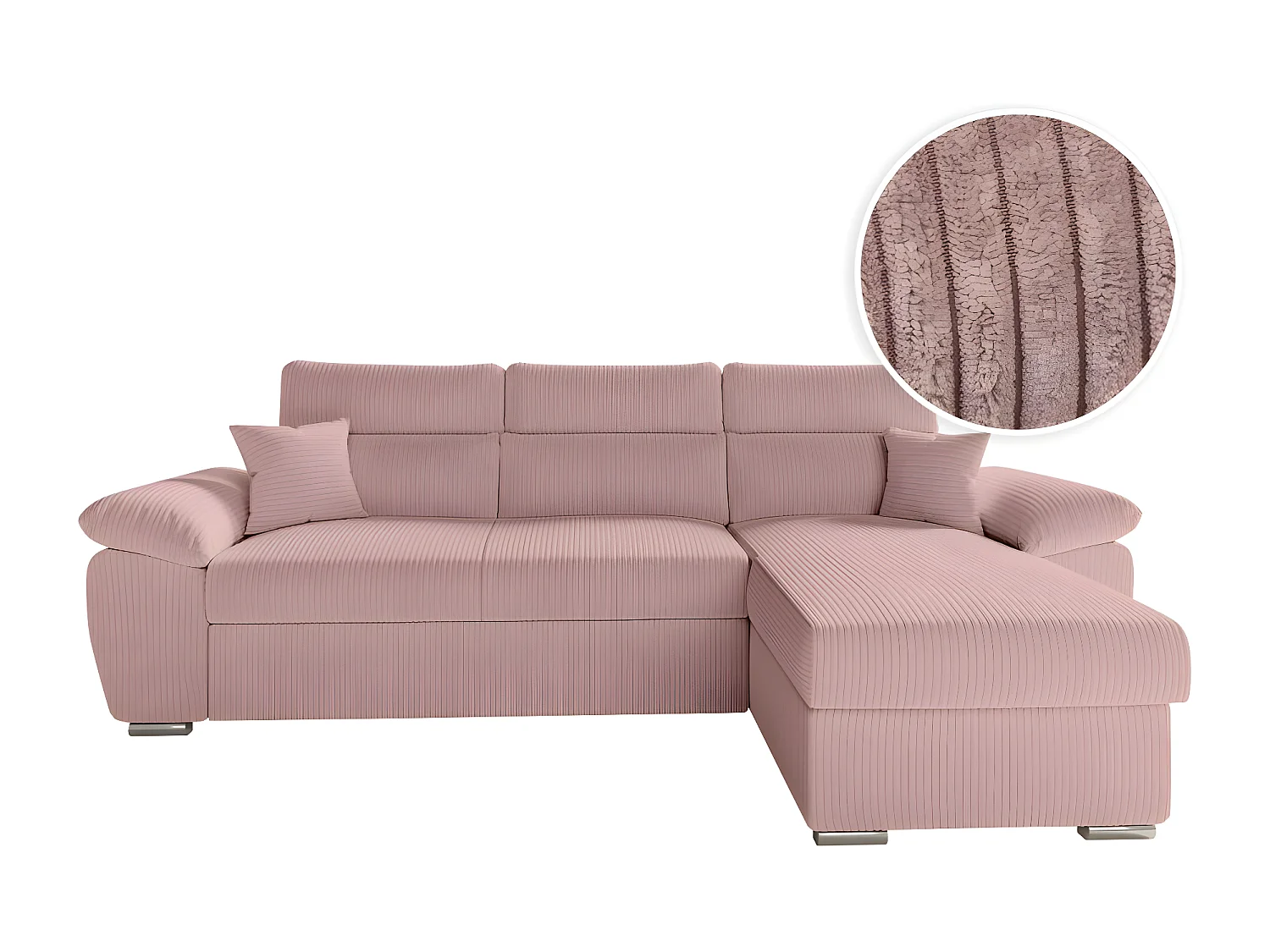 Canapé d'angle 4 places Komeco reversible convertible avec coffre en velours côtelé - Rose - L265 x P166 x H91cm - Loungitude