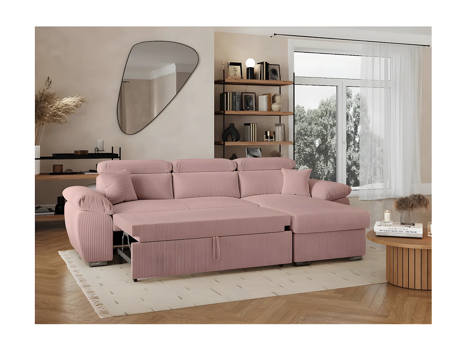 Canapé d'angle 4 places Komeco reversible convertible avec coffre en velours côtelé - Rose - L265 x P166 x H91cm - Loungitude