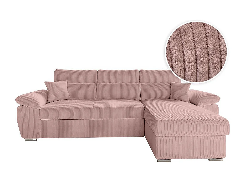 Canapé d'angle 4 places Komeco reversible convertible avec coffre en velours côtelé - Rose - L265 x P166 x H91cm - Loungitude