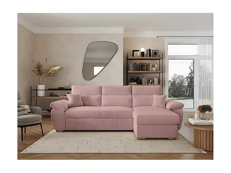 Canapé d'angle 4 places Komeco reversible convertible avec coffre en velours côtelé - Rose - L265 x P166 x H91cm - Loungitude