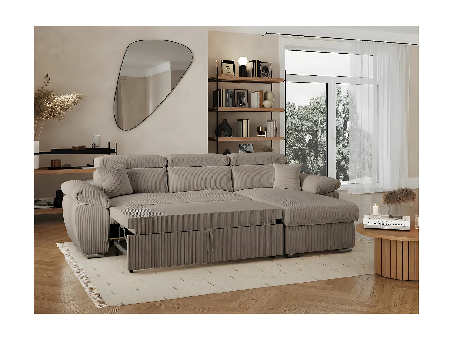 Canapé d'angle 4 places Komeco reversible convertible avec coffre en velours côtelé - Taupe - L265 x P166 x H91cm - Loungitude