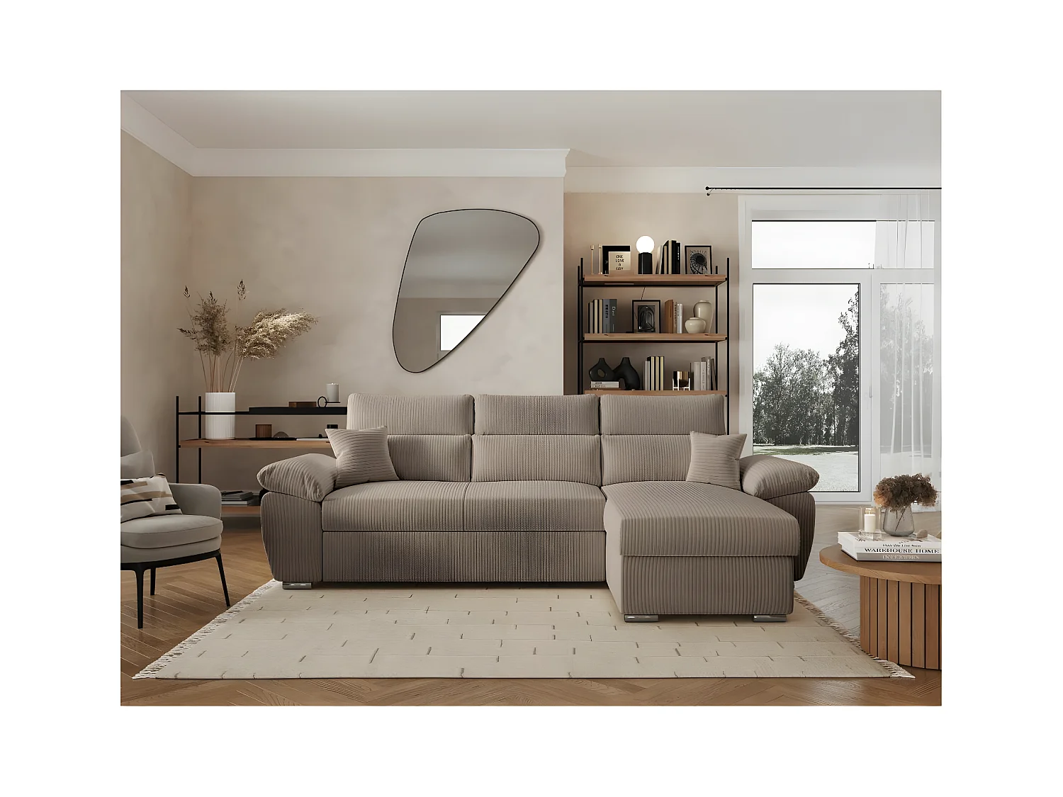 Canapé d'angle 4 places Komeco reversible convertible avec coffre en velours côtelé - Taupe - L265 x P166 x H91cm - Loungitude