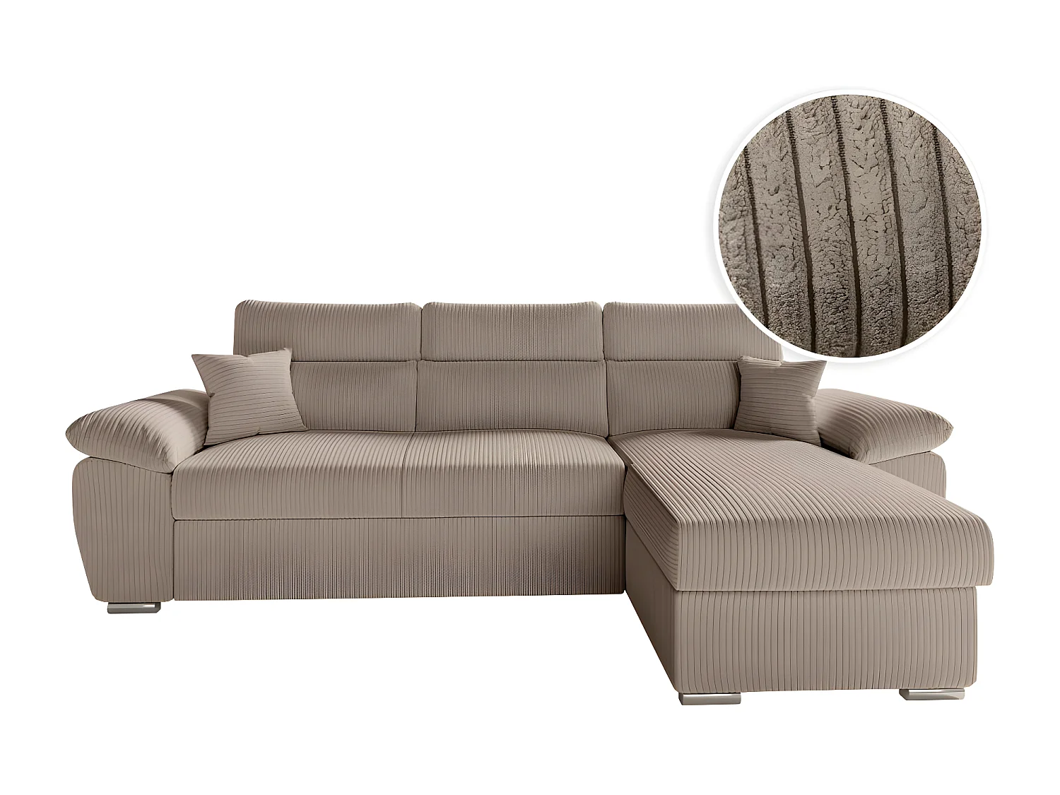 Canapé d'angle 4 places Komeco reversible convertible avec coffre en velours côtelé - Taupe - L265 x P166 x H91cm - Loungitude