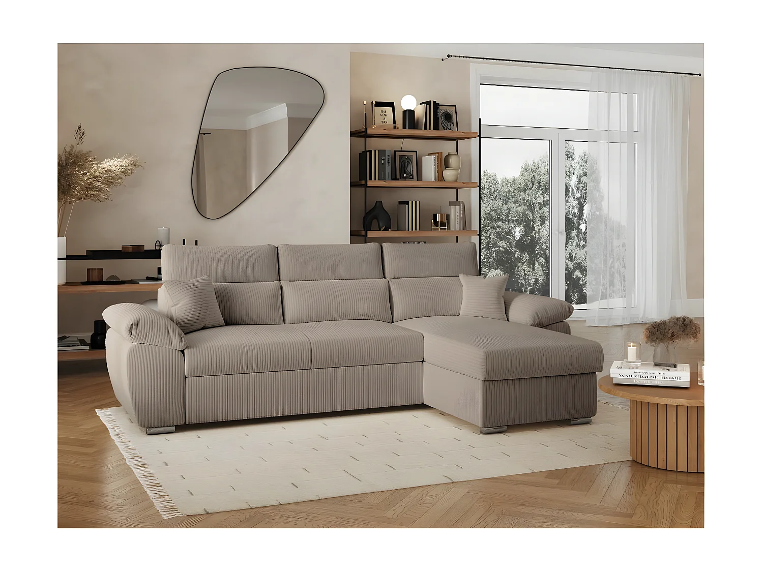 Canapé d'angle 4 places Komeco reversible convertible avec coffre en velours côtelé - Taupe - L265 x P166 x H91cm - Loungitude