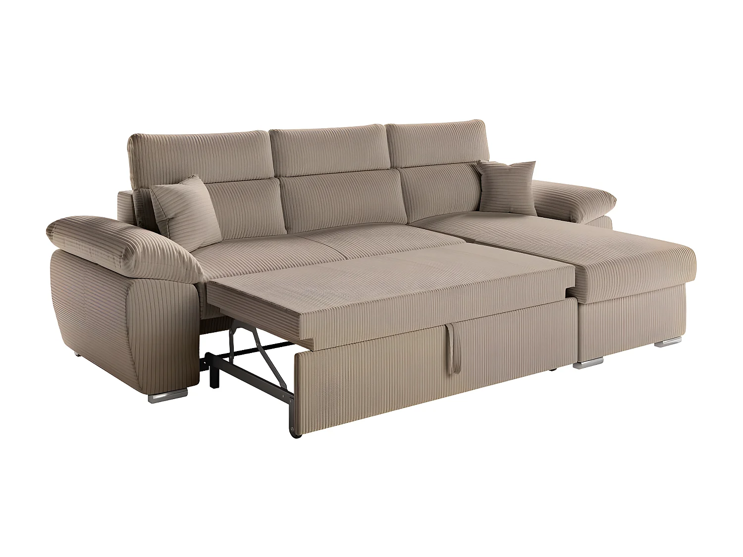 Canapé d'angle 4 places Komeco reversible convertible avec coffre en velours côtelé - Taupe - L265 x P166 x H91cm - Loungitude