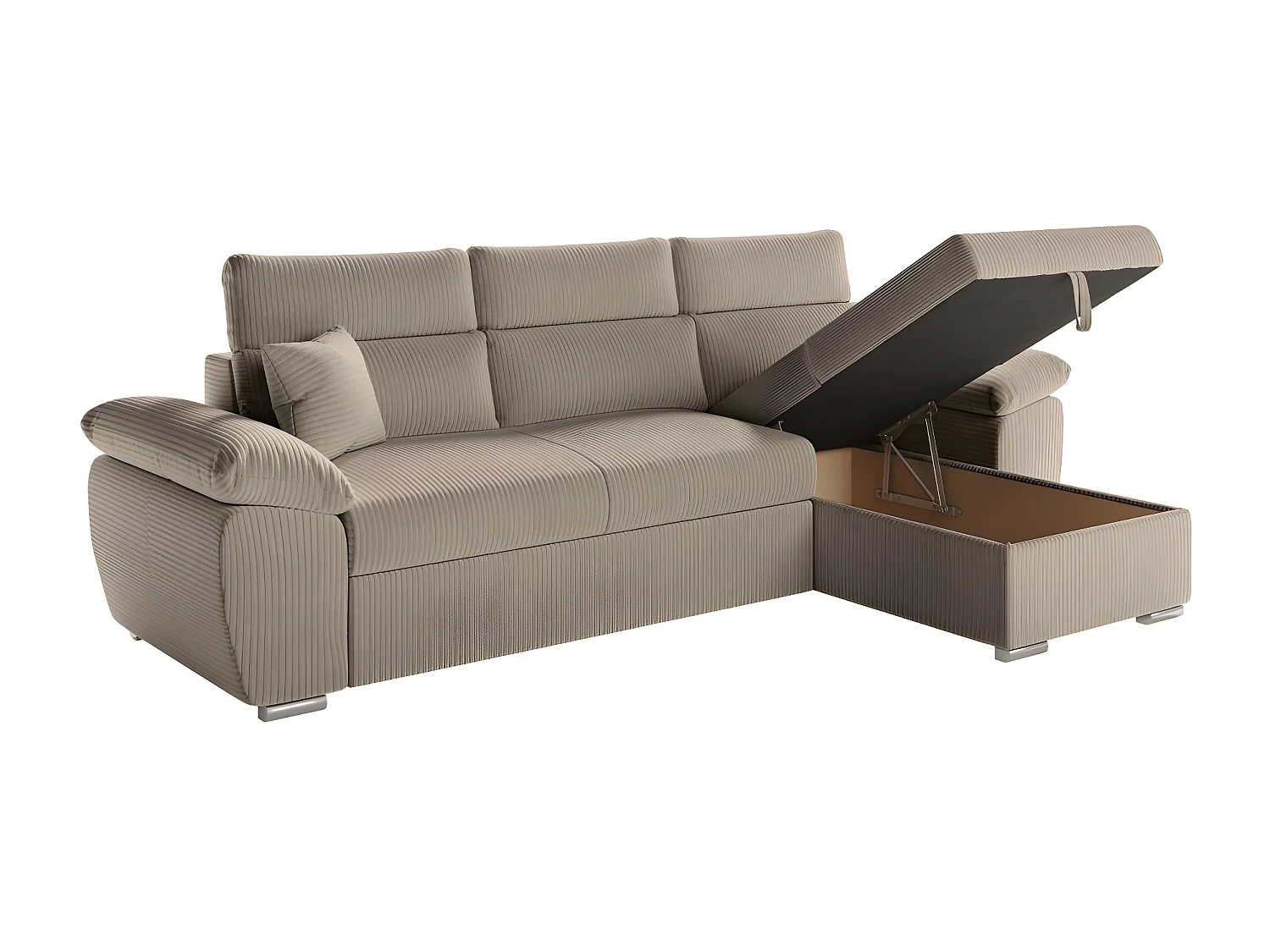 Canapé d'angle 4 places Komeco reversible convertible avec coffre en velours côtelé - Taupe - L265 x P166 x H91cm - Loungitude
