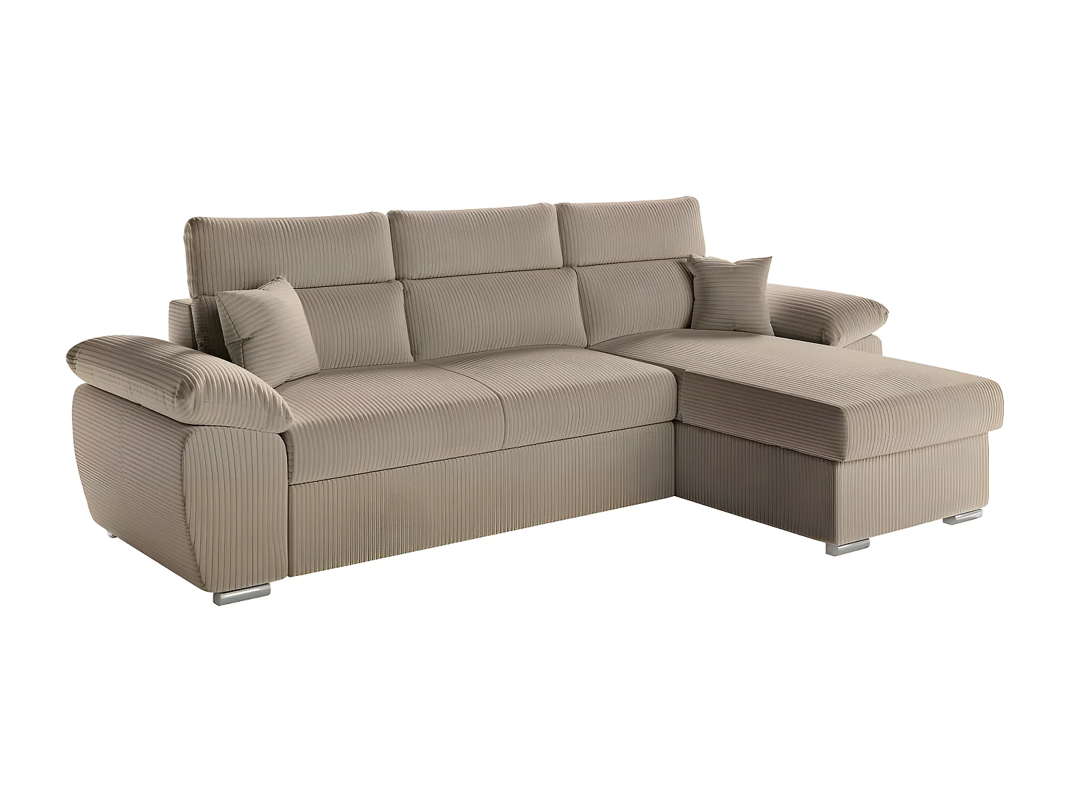 Canapé d'angle 4 places Komeco reversible convertible avec coffre en velours côtelé - Taupe - L265 x P166 x H91cm - Loungitude