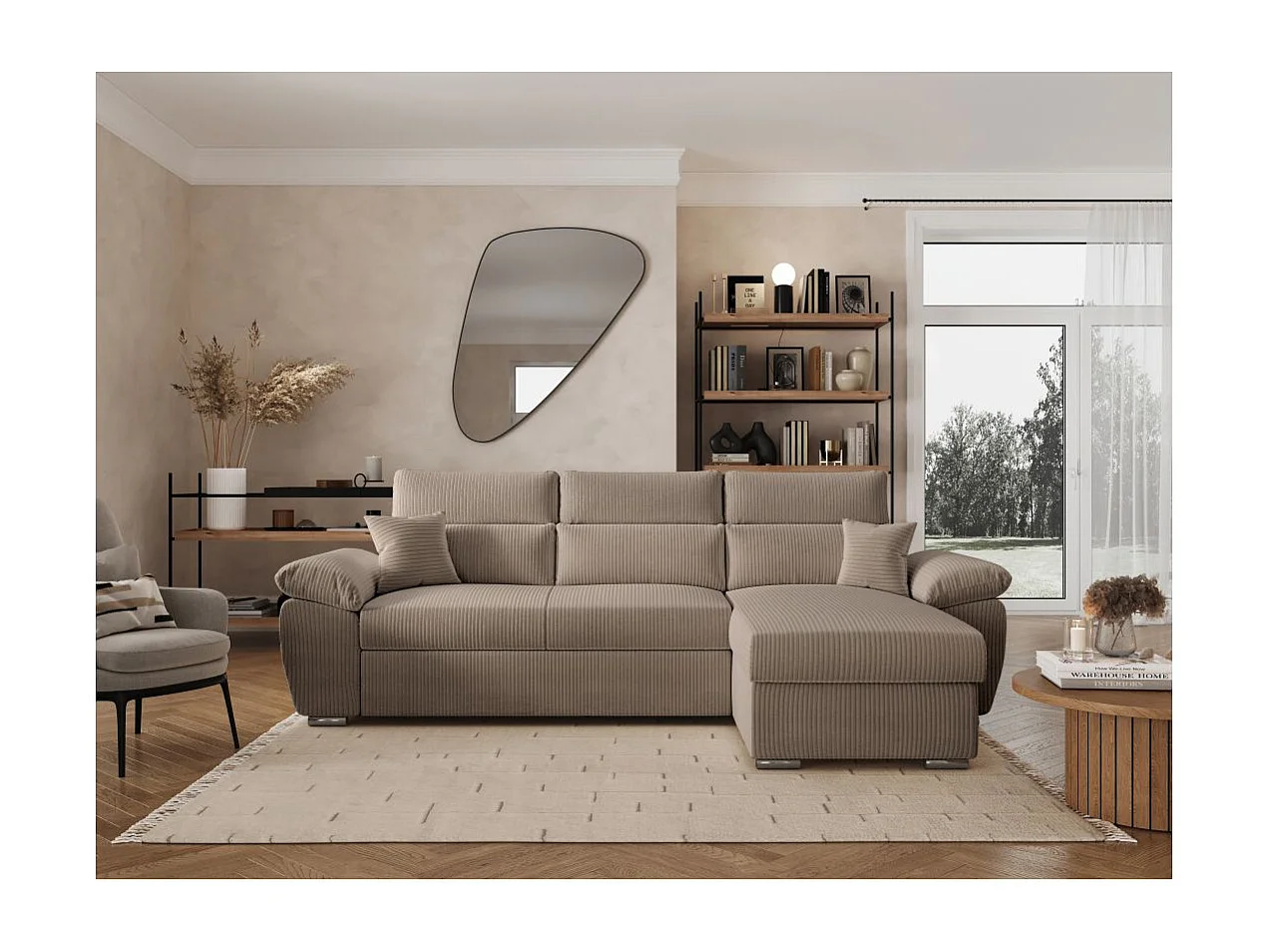 Canapé d'angle 4 places Komeco reversible convertible avec coffre en velours côtelé - Taupe - L265 x P166 x H91cm - Loungitude