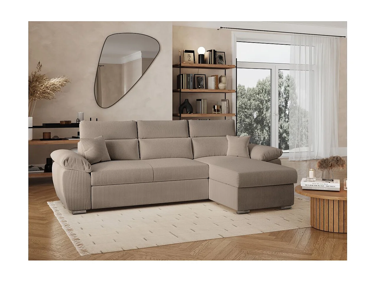 Canapé d'angle 4 places Komeco reversible convertible avec coffre en velours côtelé - Taupe - L265 x P166 x H91cm - Loungitude
