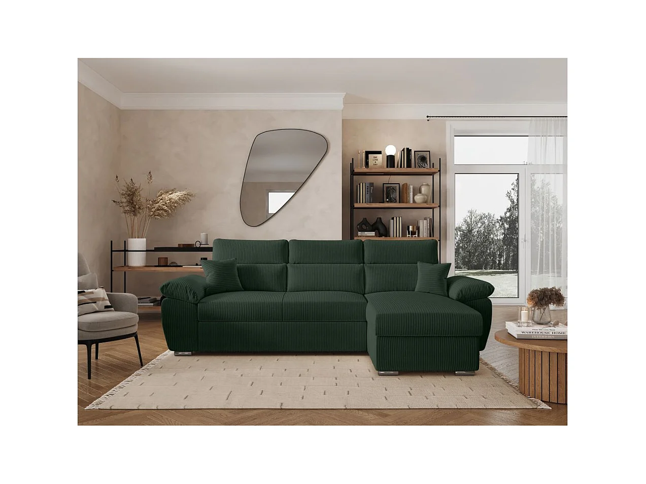 Canapé d'angle 4 places Komeco reversible convertible avec coffre en velours côtelé - Vert foncé - L265 x P166 x H91cm - Loungitude