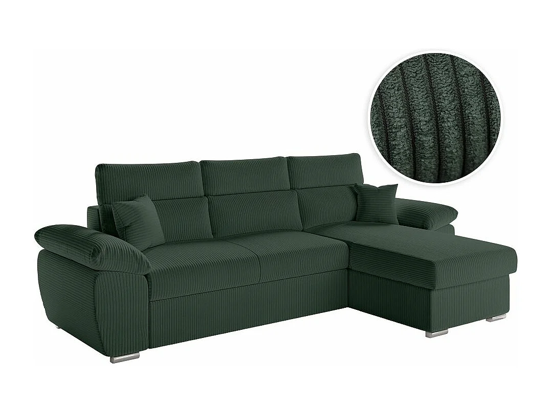 Canapé d'angle 4 places Komeco reversible convertible avec coffre en velours côtelé - Vert foncé - L265 x P166 x H91cm - Loungitude