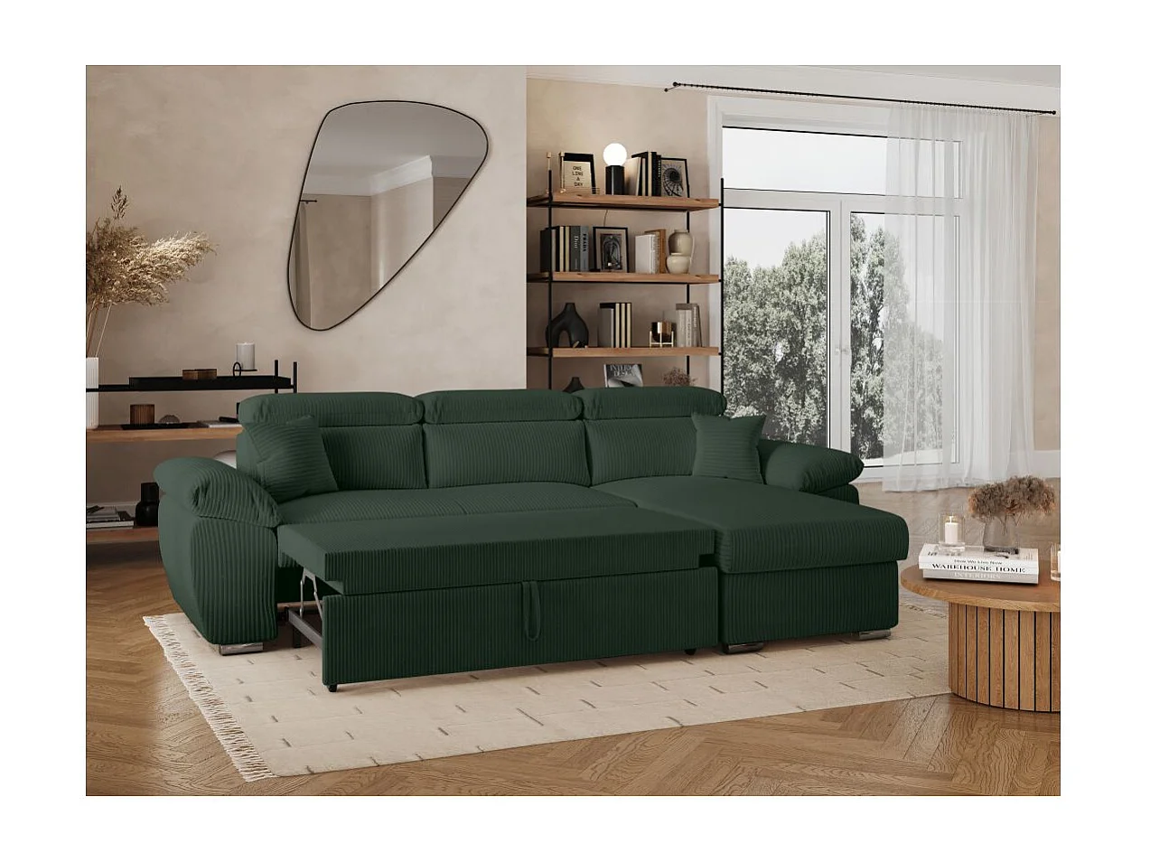 Canapé d'angle 4 places Komeco reversible convertible avec coffre en velours côtelé - Vert foncé - L265 x P166 x H91cm - Loungitude