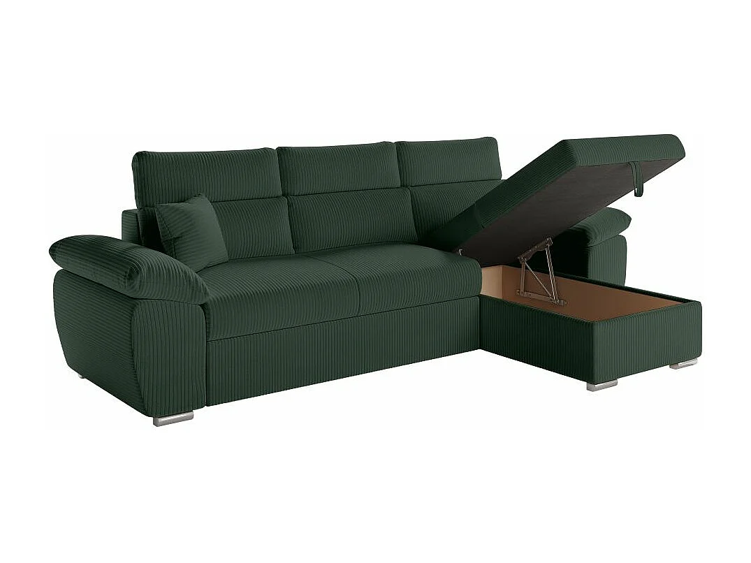 Canapé d'angle 4 places Komeco reversible convertible avec coffre en velours côtelé - Vert foncé - L265 x P166 x H91cm - Loungitude