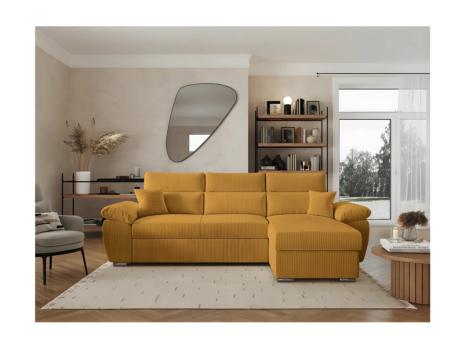Canapé d'angle 4 places Komeco reversible convertible avec coffre en velours côtelé - Jaune - L265 x P166 x H91cm - Loungitude