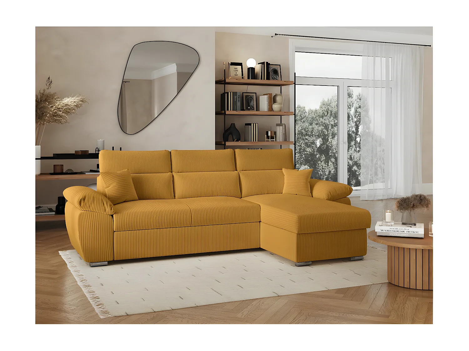 Canapé d'angle 4 places Komeco reversible convertible avec coffre en velours côtelé - Jaune - L265 x P166 x H91cm - Loungitude
