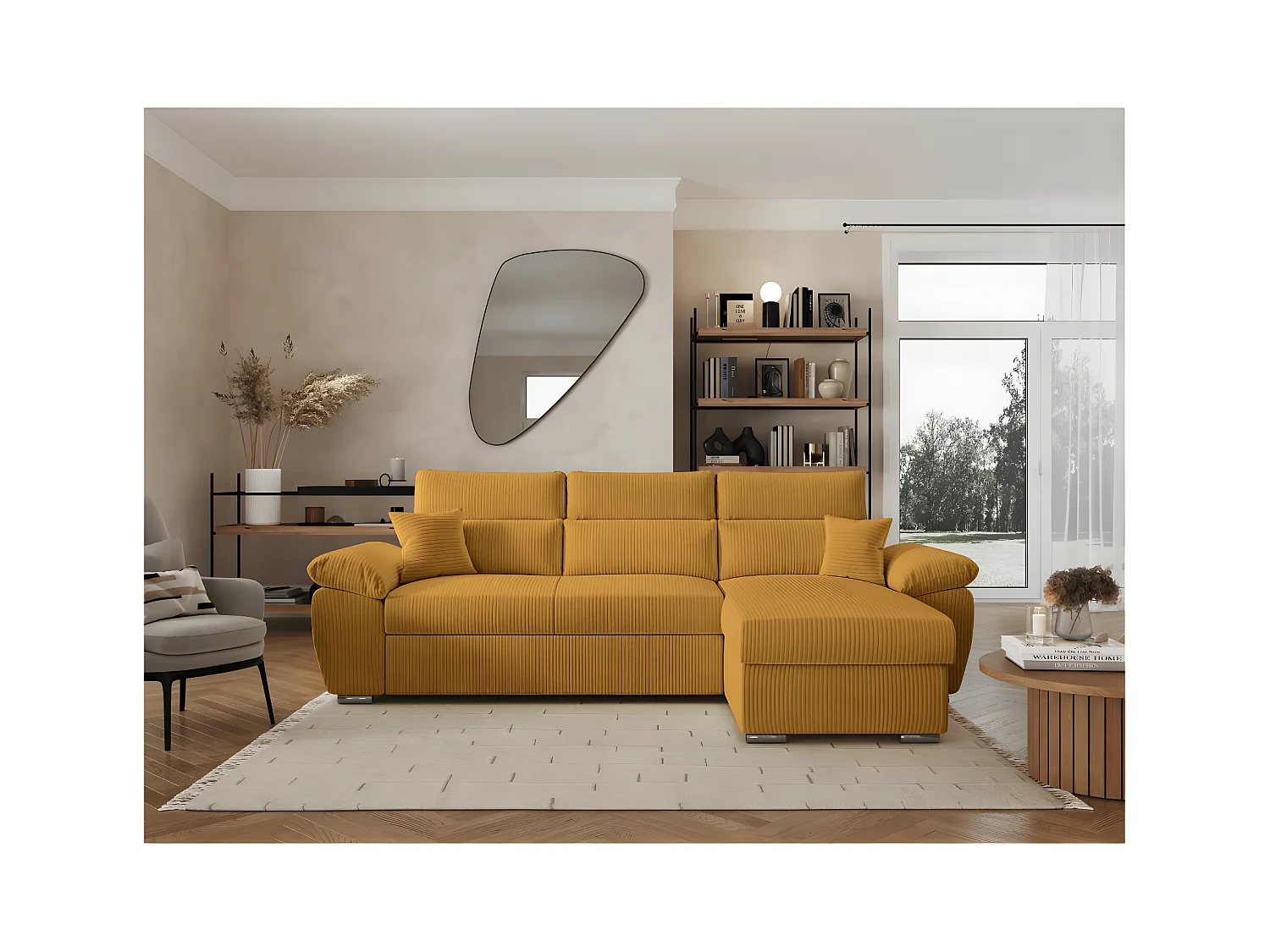 Canapé d'angle 4 places Komeco reversible convertible avec coffre en velours côtelé - Jaune - L265 x P166 x H91cm - Loungitude