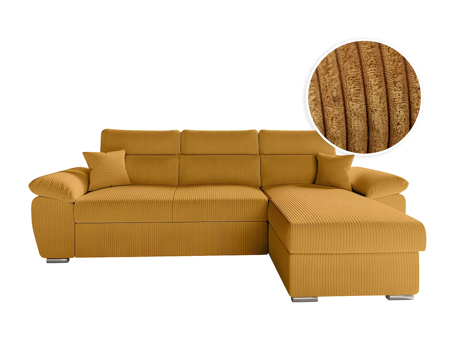 Canapé d'angle 4 places Komeco reversible convertible avec coffre en velours côtelé - Jaune - L265 x P166 x H91cm - Loungitude