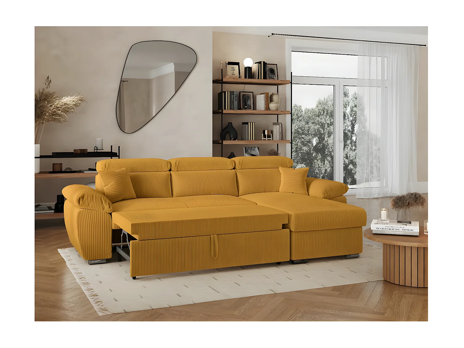 Canapé d'angle 4 places Komeco reversible convertible avec coffre en velours côtelé - Jaune - L265 x P166 x H91cm - Loungitude