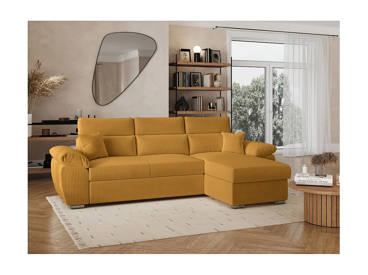 Canapé d'angle 4 places Komeco reversible convertible avec coffre en velours côtelé - Jaune - L265 x P166 x H91cm - Loungitude