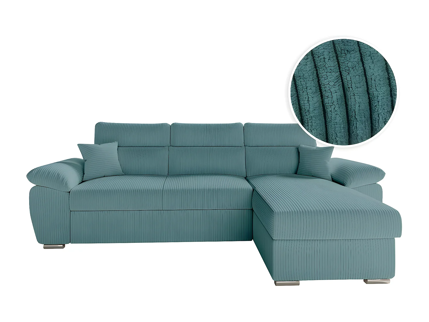Canapé d'angle 4 places Komeco reversible convertible avec coffre en velours côtelé - Bleu clair - L265 x P166 x H91cm - Loungitude