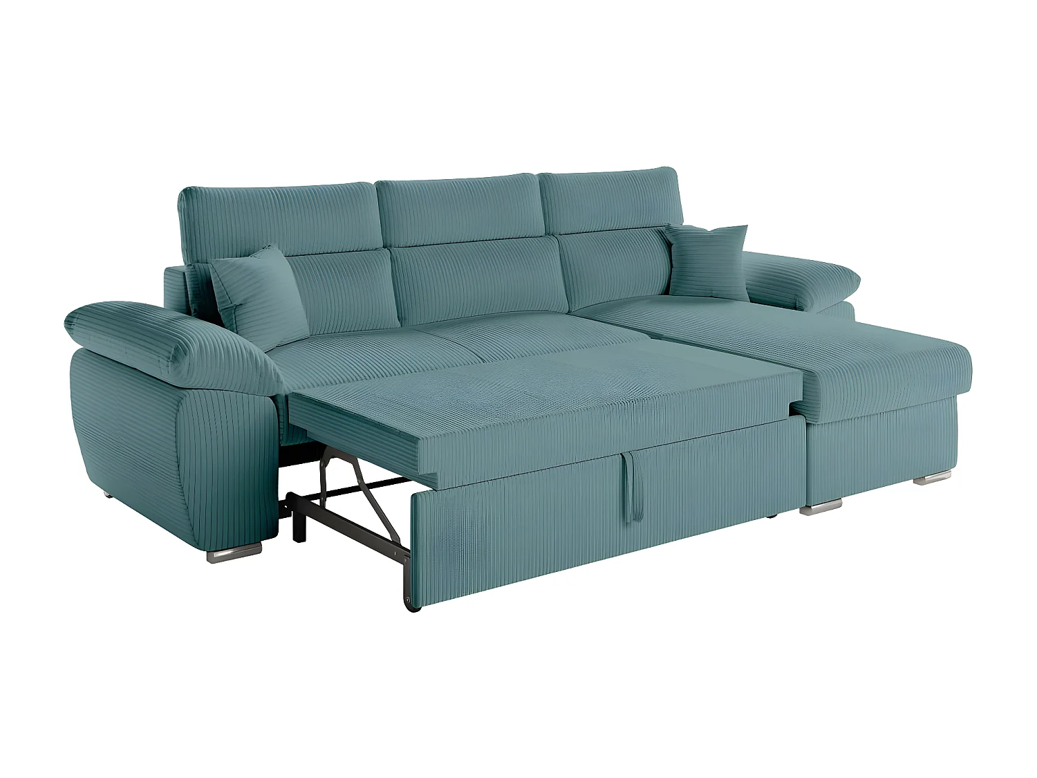 Canapé d'angle 4 places Komeco reversible convertible avec coffre en velours côtelé - Bleu clair - L265 x P166 x H91cm - Loungitude