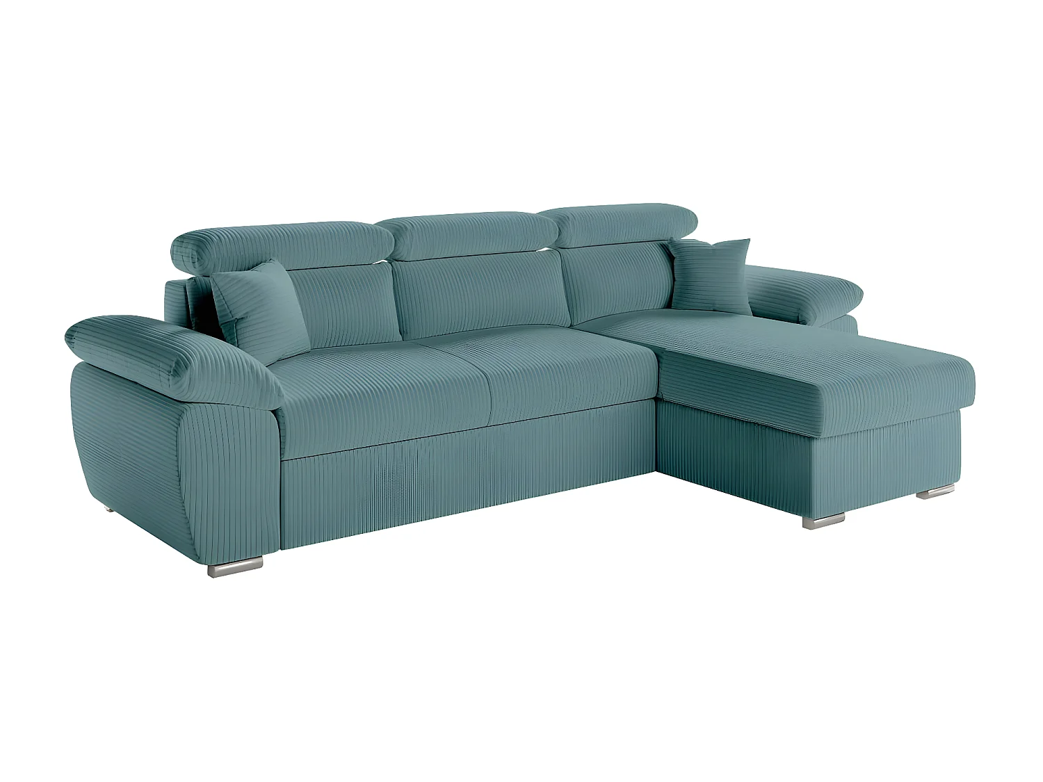 Canapé d'angle 4 places Komeco reversible convertible avec coffre en velours côtelé - Bleu clair - L265 x P166 x H91cm - Loungitude