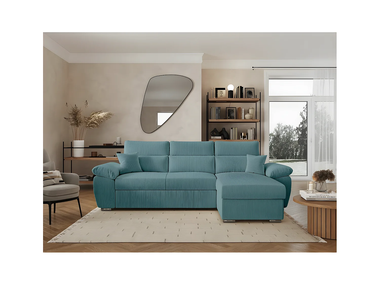 Canapé d'angle 4 places Komeco reversible convertible avec coffre en velours côtelé - Bleu clair - L265 x P166 x H91cm - Loungitude