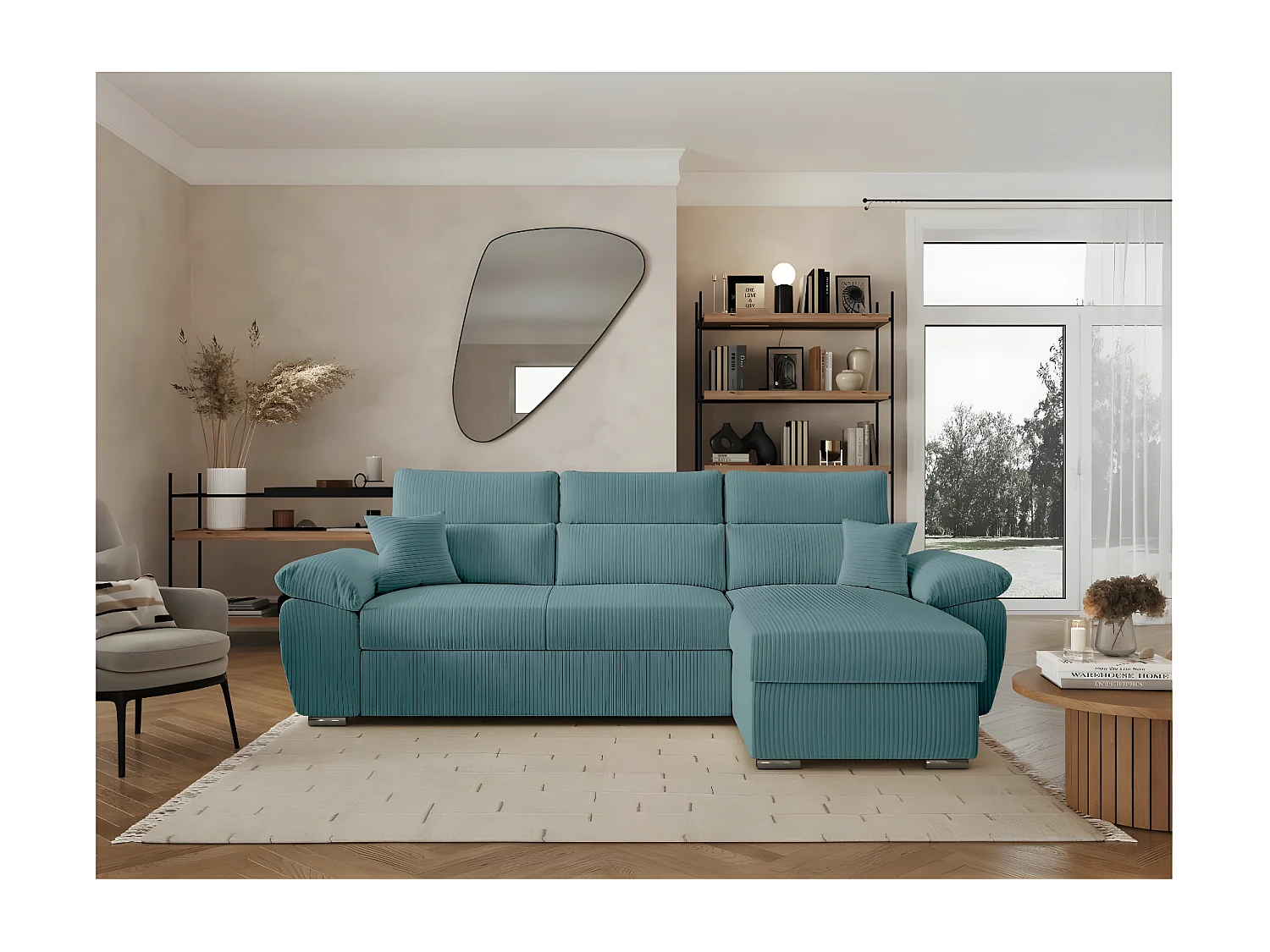 Canapé d'angle 4 places Komeco reversible convertible avec coffre en velours côtelé - Bleu clair - L265 x P166 x H91cm - Loungitude