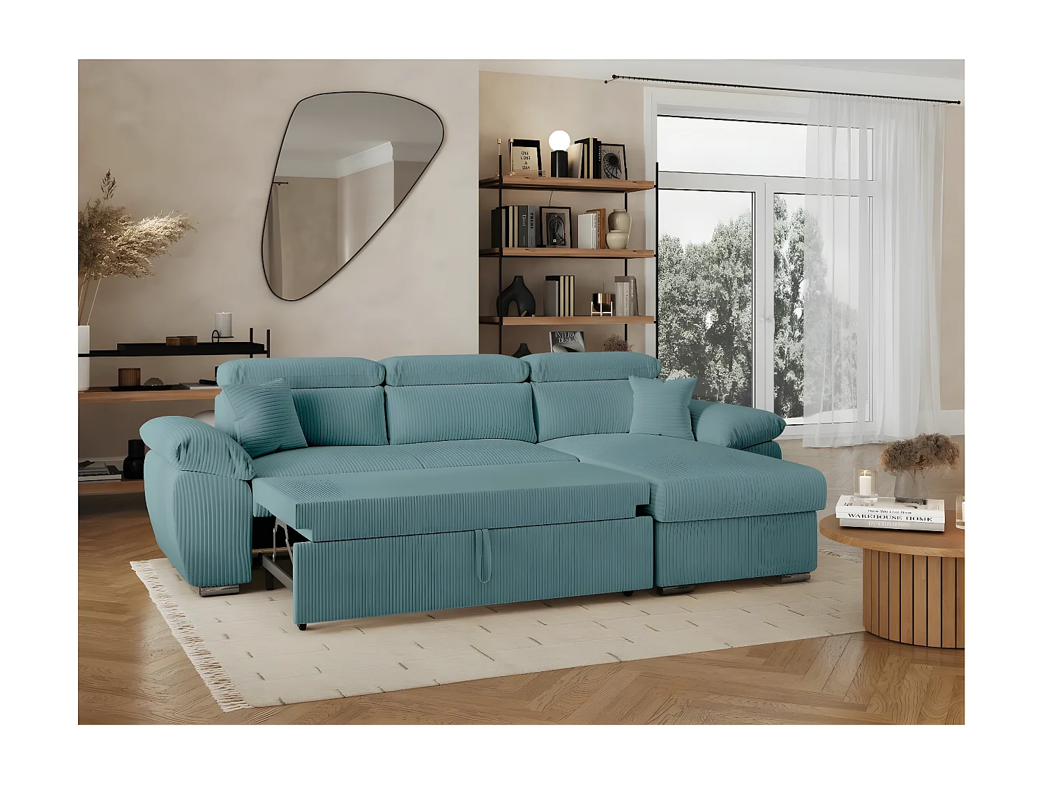 Canapé d'angle 4 places Komeco reversible convertible avec coffre en velours côtelé - Bleu clair - L265 x P166 x H91cm - Loungitude
