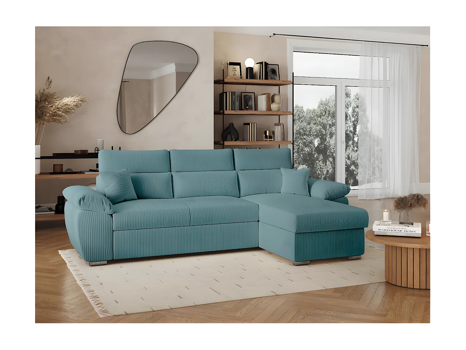 Canapé d'angle 4 places Komeco reversible convertible avec coffre en velours côtelé - Bleu clair - L265 x P166 x H91cm - Loungitude