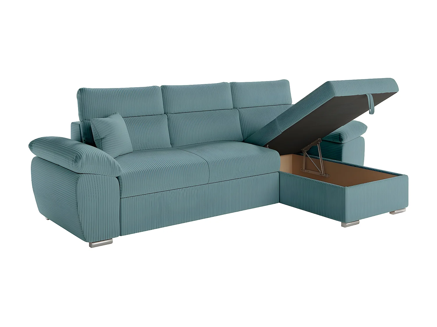 Canapé d'angle 4 places Komeco reversible convertible avec coffre en velours côtelé - Bleu clair - L265 x P166 x H91cm - Loungitude