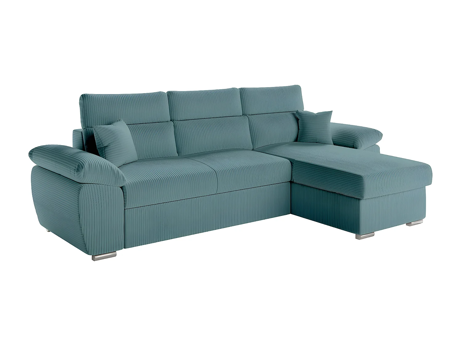 Canapé d'angle 4 places Komeco reversible convertible avec coffre en velours côtelé - Bleu clair - L265 x P166 x H91cm - Loungitude