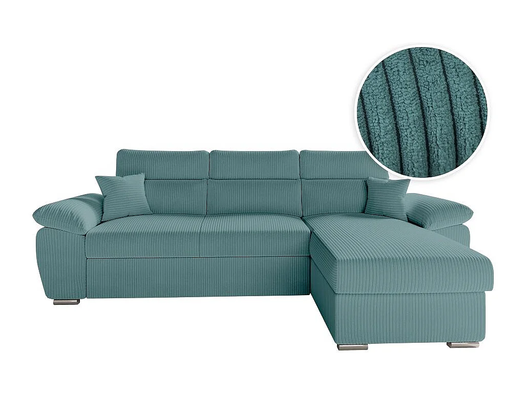 Canapé d'angle 4 places Komeco reversible convertible avec coffre en velours côtelé - Bleu clair - L265 x P166 x H91cm - Loungitude