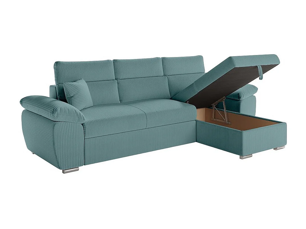 Canapé d'angle 4 places Komeco reversible convertible avec coffre en velours côtelé - Bleu clair - L265 x P166 x H91cm - Loungitude