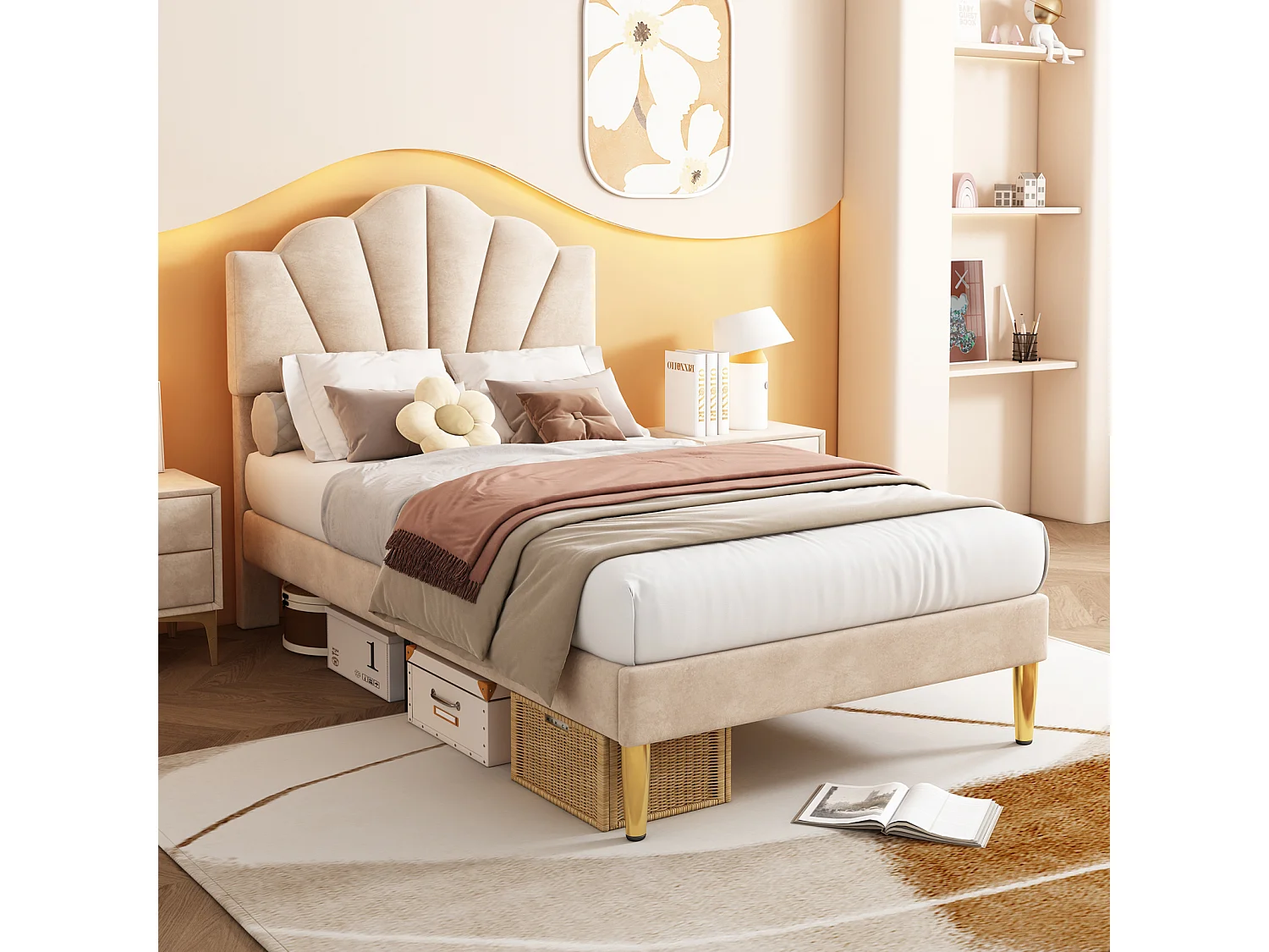 Lit adulte simple rembourré en velours, avec sommier à lattes en bois, tête de lit réglable en forme de coquille, pieds en fer doré, 90x200cm beige