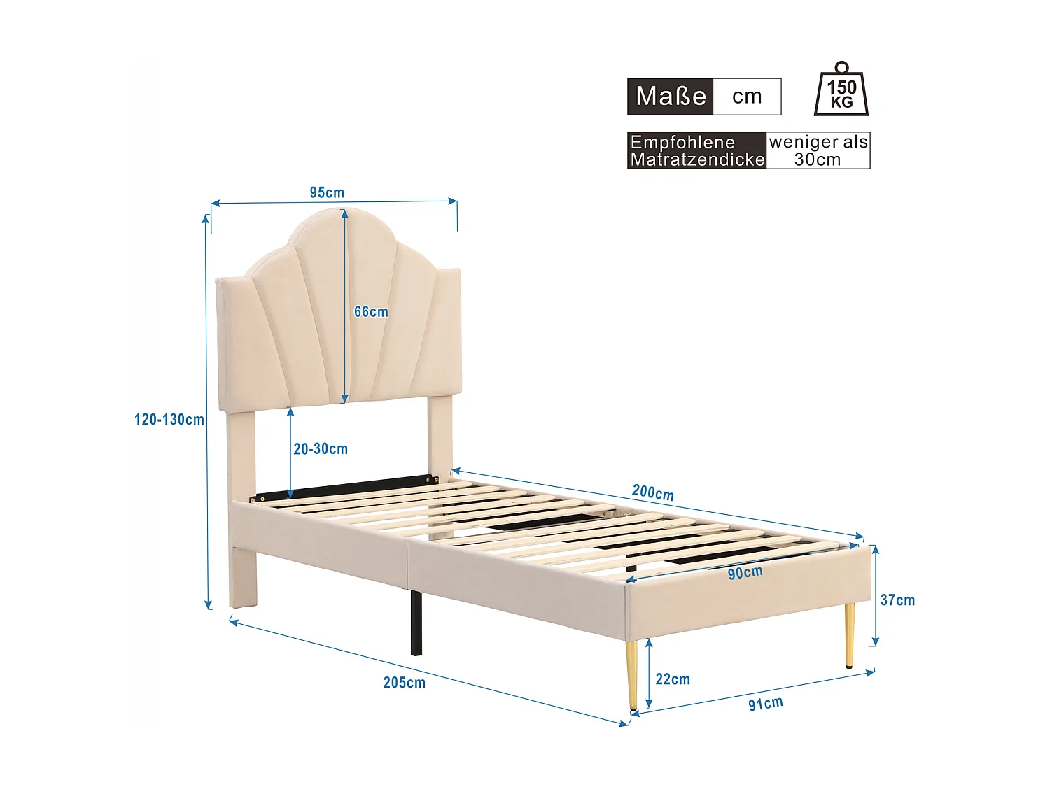 Lit adulte simple rembourré en velours, avec sommier à lattes en bois, tête de lit réglable en forme de coquille, pieds en fer doré, 90x200cm beige