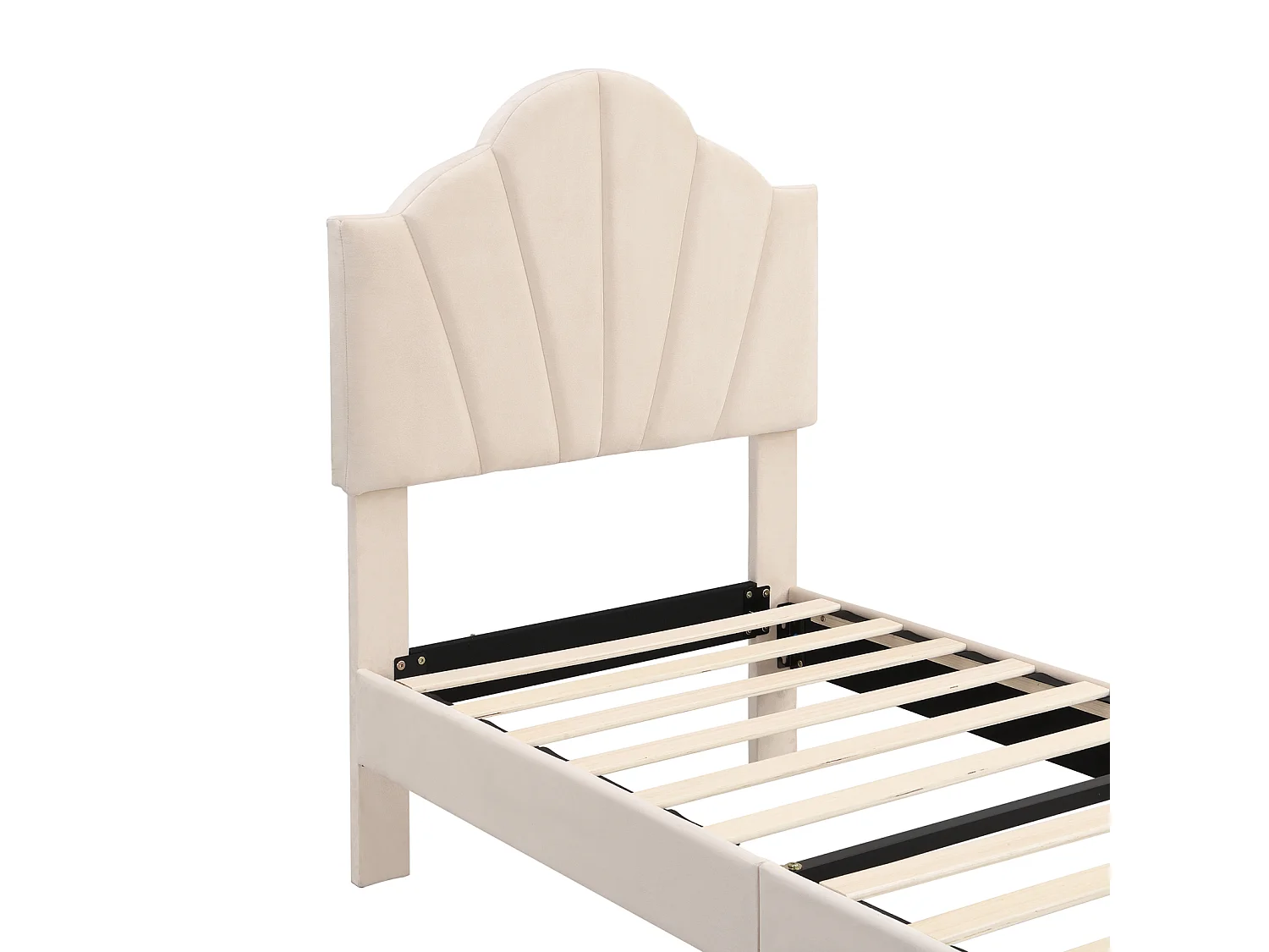 Lit adulte simple rembourré en velours, avec sommier à lattes en bois, tête de lit réglable en forme de coquille, pieds en fer doré, 90x200cm beige