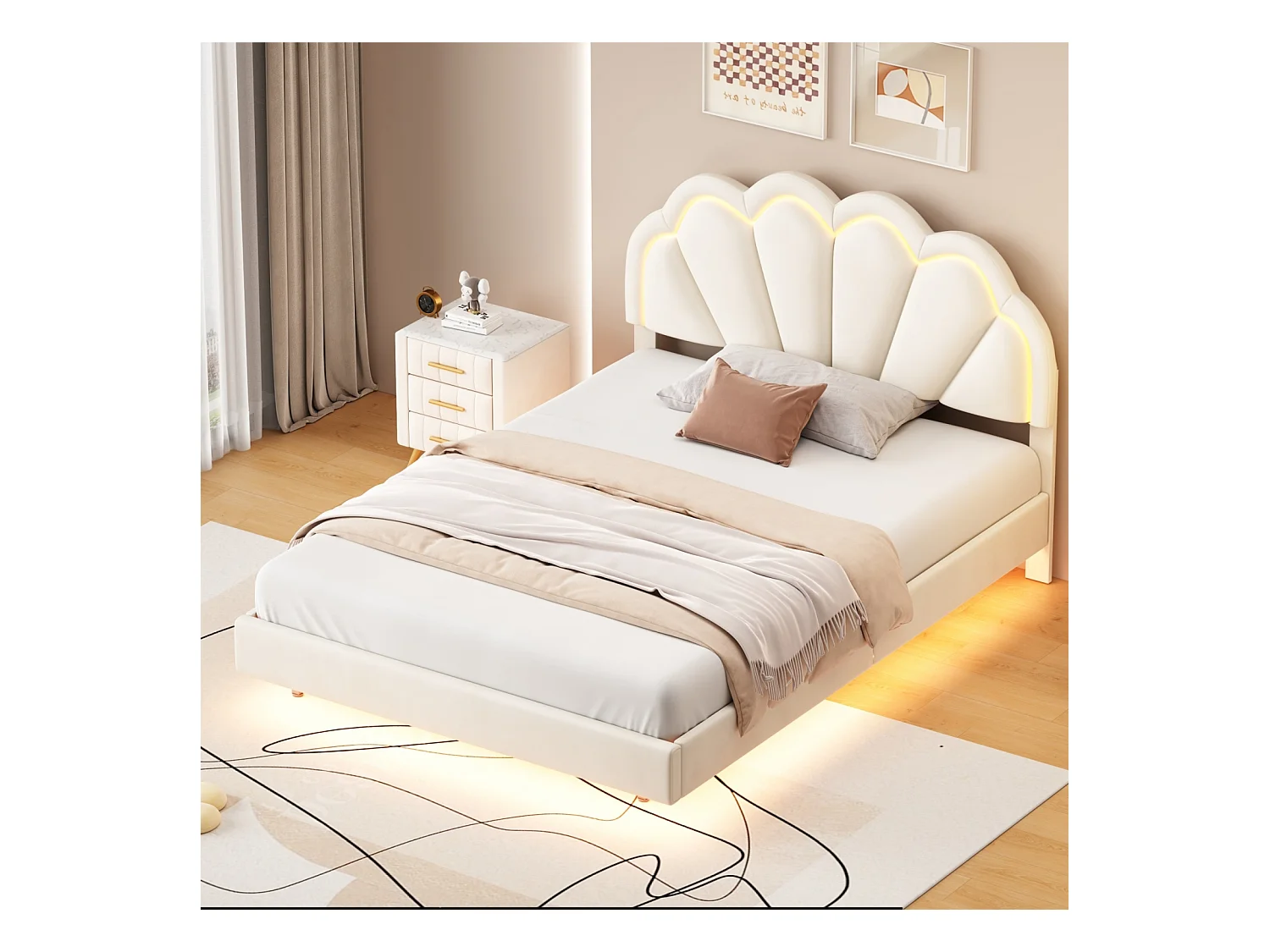 Tweepersoonsbed 140x200cm - LED fluwelen bed met lattenbodem en kroonhoofdeinde - Matras niet inbegrepen - Wit