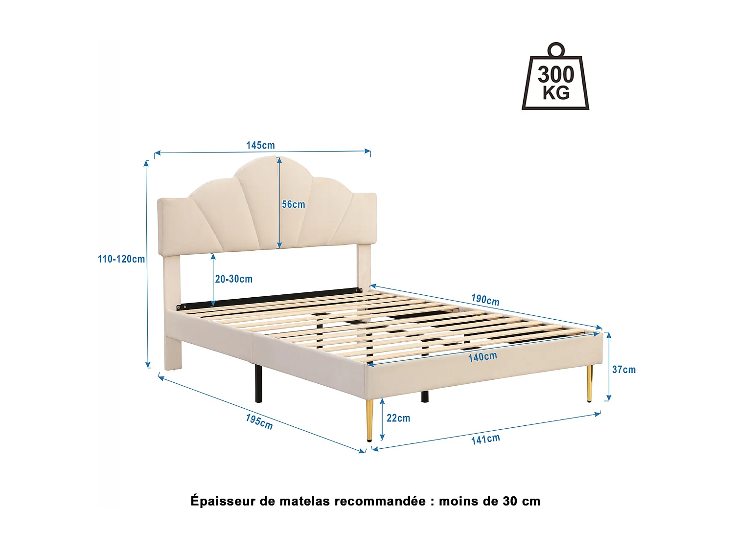 Lit adulte double rembourré en velours, avec sommier à lattes en bois, tête de lit réglable en forme de coquille, pieds en fer doré, 140x190cm beige