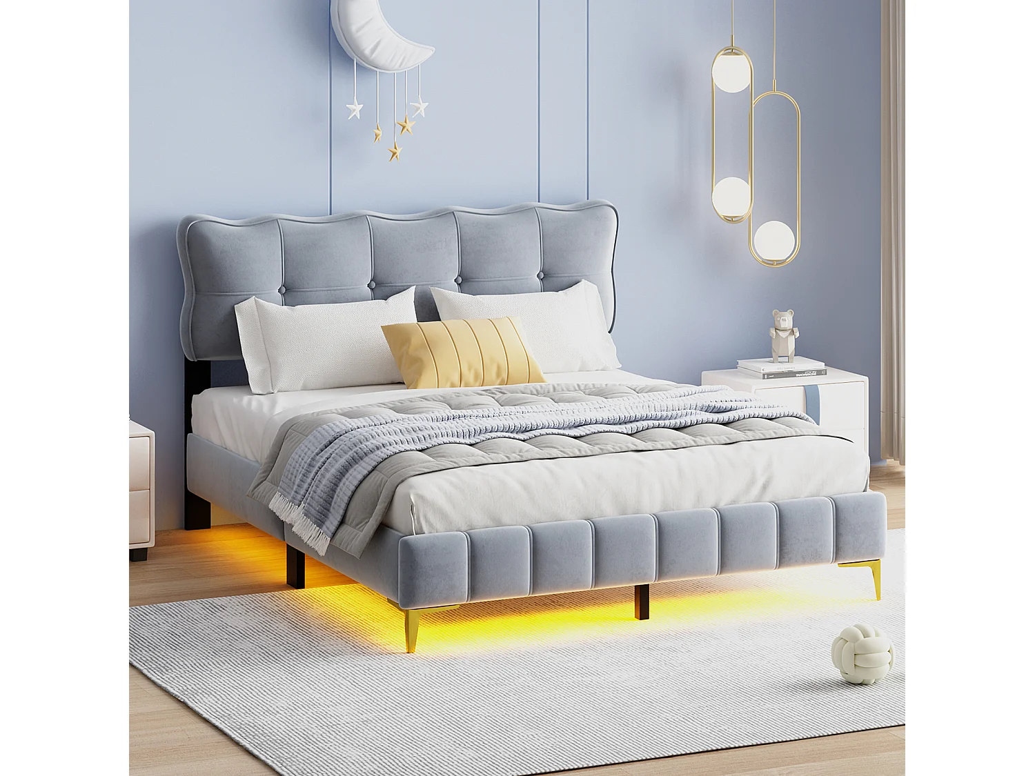 Cama de adulto em tecido veludo, cama de casal estofada com LED, estrado de ripas, cabeceira, pés altos em metal cinza 160x200cm